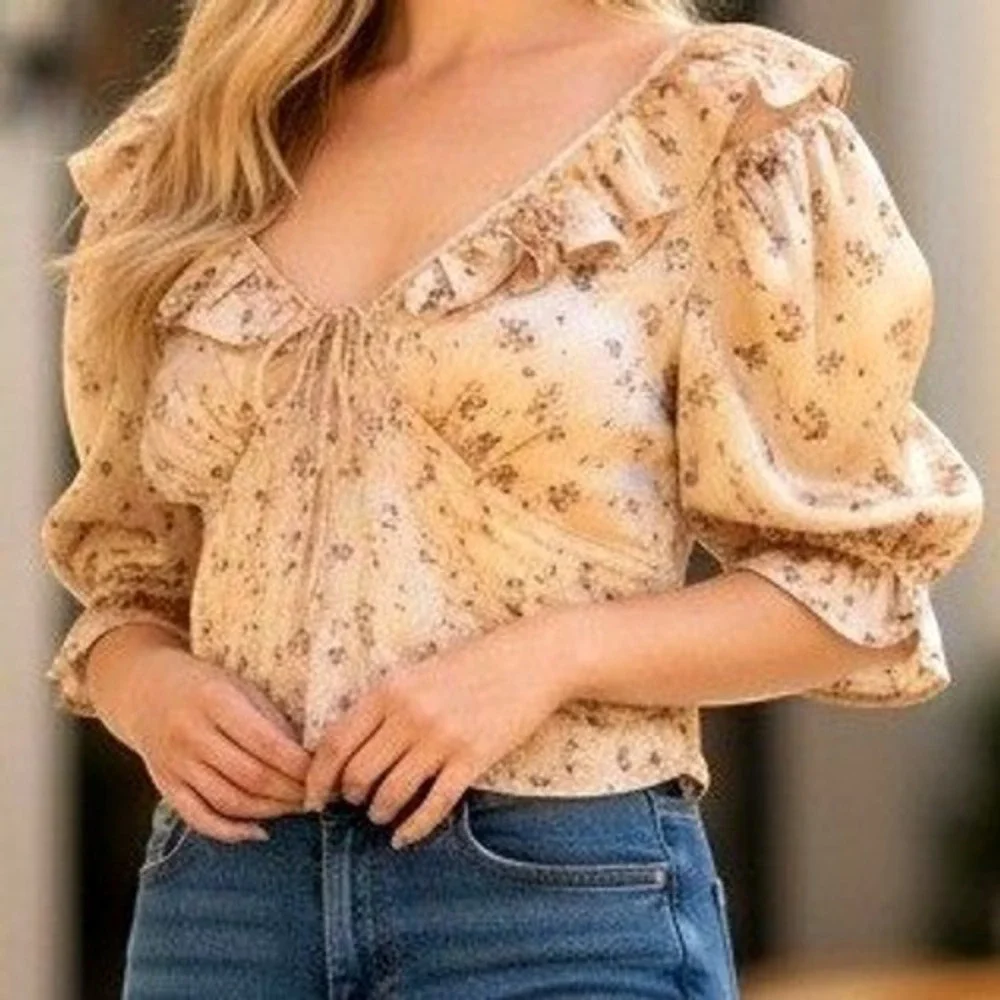 Free People Floral Milkmaid Top Small Satin Puff Sleeve Pintuck Cottagecore Gold